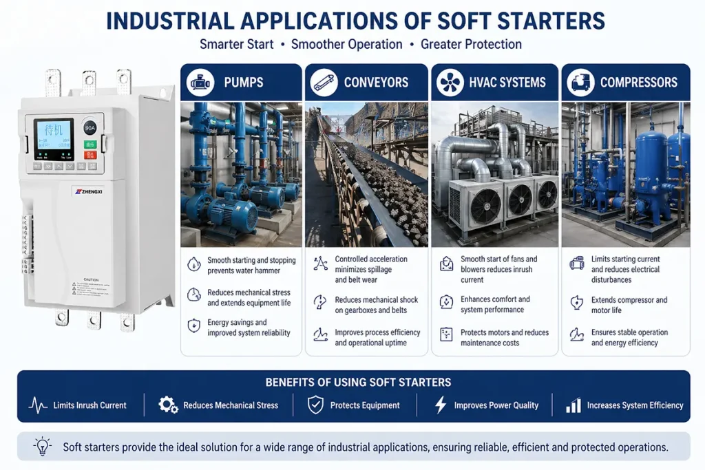 industrielle anvendelser af softstartere pumper transportbånd hvac-systemer