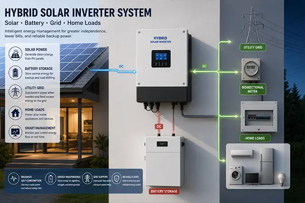 太陽光発電パネル、蓄電池、ユーティリティ・グリッド・インフラに接続されたハイブリッド・ソーラー・インバータ