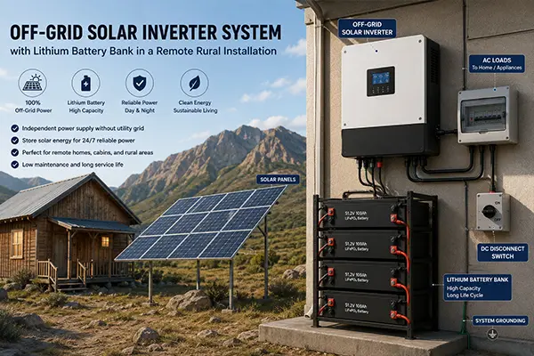 遠隔地におけるリチウム電池バンク付きオフグリッドソーラーインバーターシステム