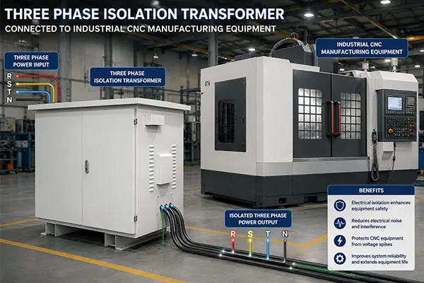 Trefaset isolationstransformator tilsluttet industrielt CNC-fremstillingsudstyr