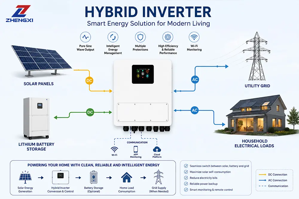 Hybrid-Wechselrichter, angeschlossen an Solarmodule, Lithium-Batteriespeicher, Versorgungsnetz und elektrische Verbraucher im Haushalt