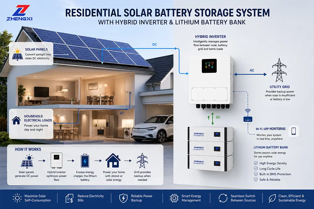 Solarbatteriespeichersystem für Wohngebäude mit einem Hybrid-Wechselrichter und einer Lithium-Batteriebank