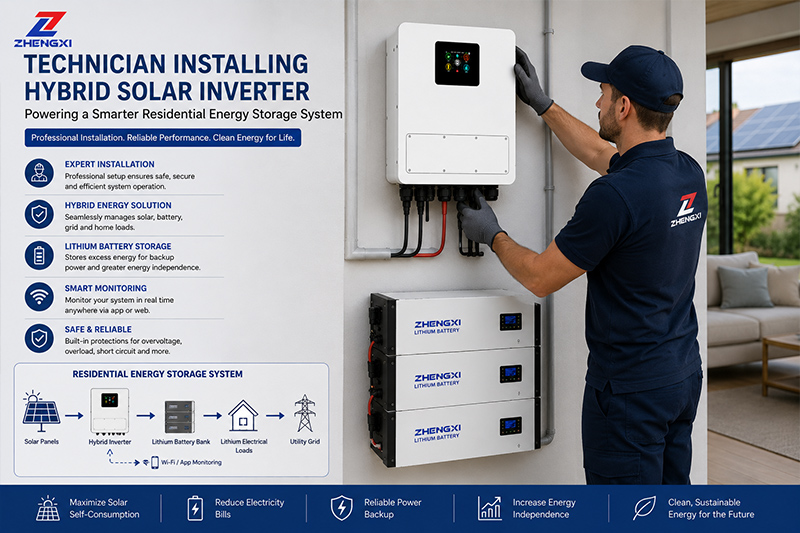 Techniker bei der Installation eines wandmontierten Hybrid-Solarwechselrichters in einem Energiespeichersystem für Wohngebäude