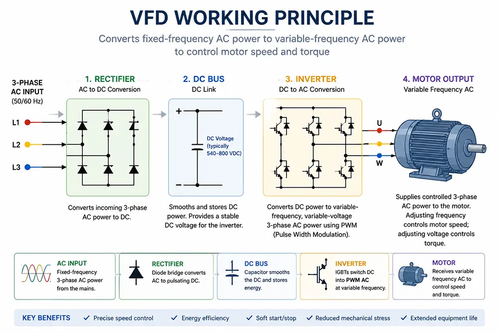 Diagram over VFD’ens funktionsprincip, der viser ensretter, jævnstrømsbus, inverter og motorudgang (1)