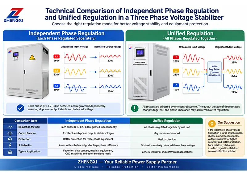 Technical comparison of independent phase regulation and unified regulation in a three phase voltage stabilizer